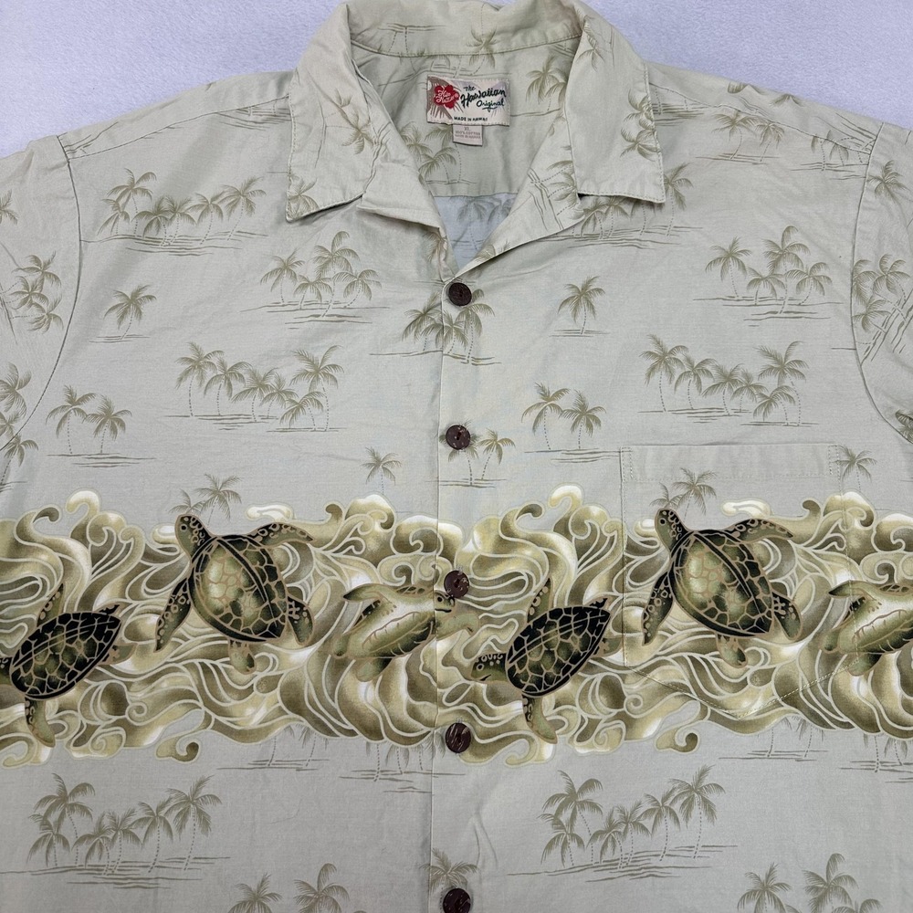 Hilo Hattie Shirt Mens XL Green Hawaiian Aloha Sea Turtle Palm Tree Made Hawaii